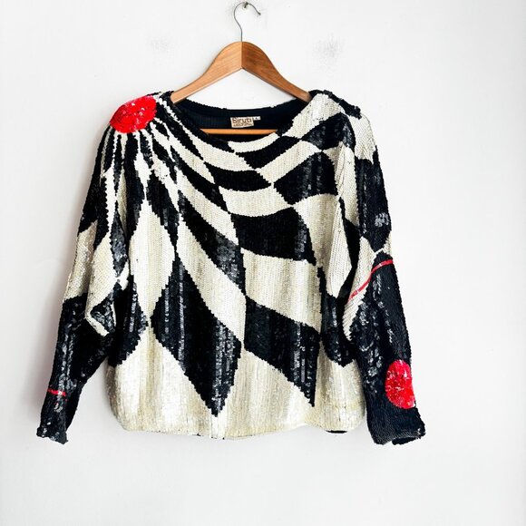 Vintage Siruti Geometric Print black White Orange Sequin Harlequin SILK Top L - Picture 2 of 11